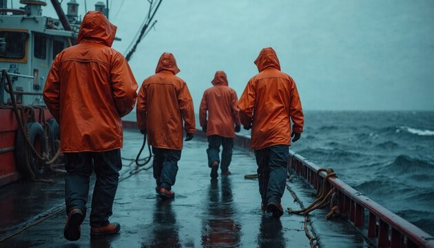 Fishermen in orange raincoats walk on a fishing boat deck. The ocean waves crash during heavy rain. Crew works at sea on a stormy day, facing harsh weather conditions on a vessel.