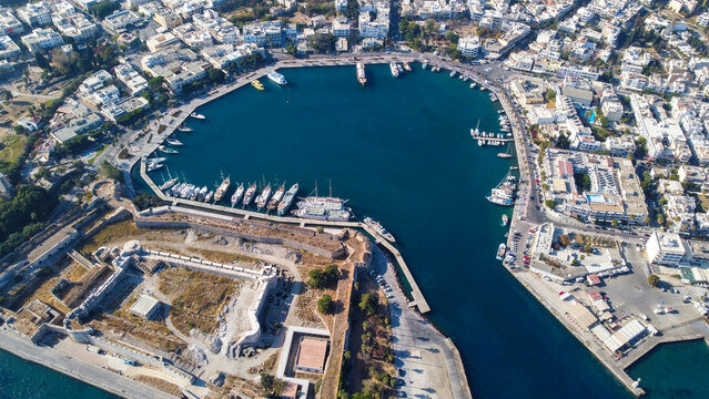 Aerial High Angle View of Historic Neratzia Castle and Ancient Harbor in Kos Town Greece