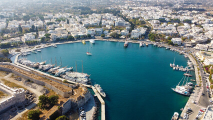 Naklejka premium Aerial High Angle View of Historic Neratzia Castle Walls and Ancient Harbor in Kos Town Greece