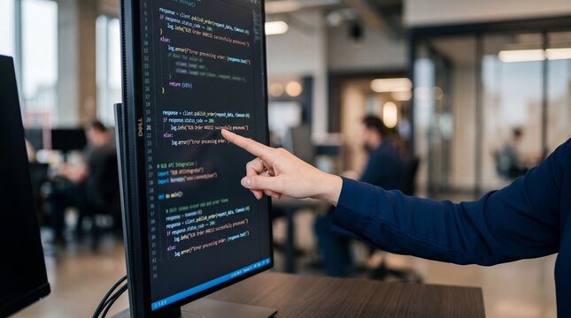 Software developer pointing at code lines on vertical display screen