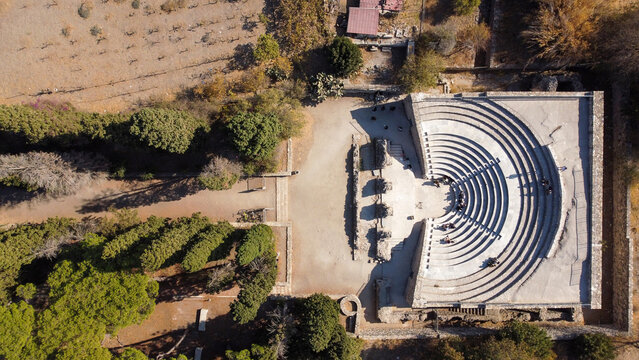 Aerial High Angle View of the Ancient Roman Odeon Theater in Kos Town Greece