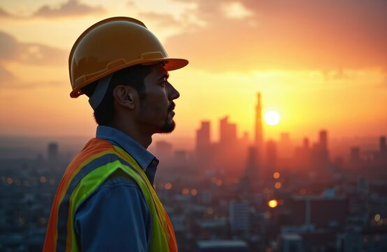 Construction worker in hard hat surveys city skyline at sunset. Man in safety vest watches urban development. Focus on labor and industry at dusk.