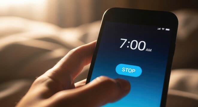 Hand holding smartphone with alarm clock on screen in morning light