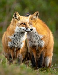 Fototapeta premium Two red foxes stand close together, one facing the viewer. They have orange fur with white markings and alert eyes. Green foliage is in the background