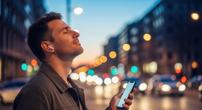 Young man wearing wireless earbuds and holding smartphone on city street at dusk