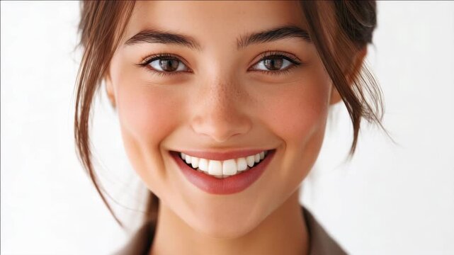 Happy woman with red lipstick and hazel eyes, looking at the camera