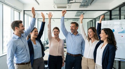 Obraz premium Diverse team celebrating project completion with raised hands in office