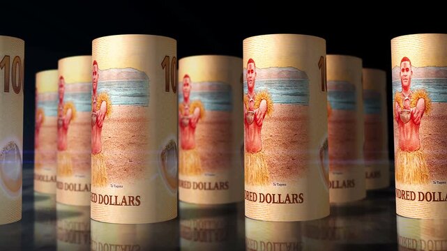 Fiji dollars Fijian money rolls loop 3d. Camera moving in front of 100 FJD rolling banknotes. Seamless loopable concept of economy, finance, business and debt.