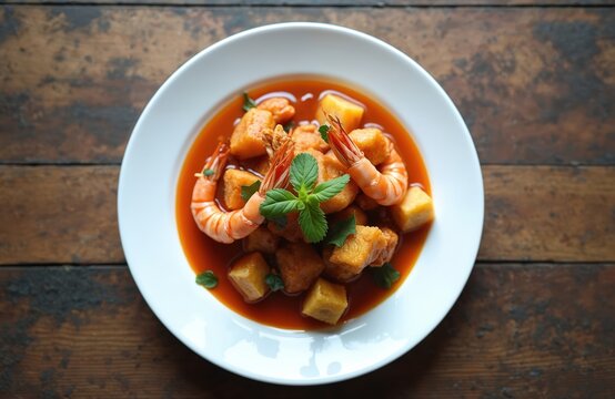 Sambal goreng kentang udang a spicy Indonesian dish. Fried potato cubes and shrimp simmered in coconut milk and savory spices. Garnished with fresh mint leaves.