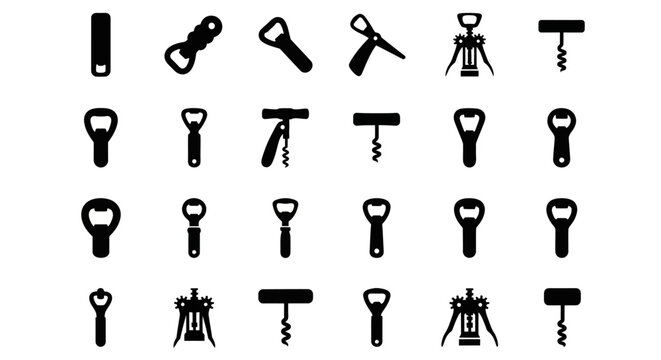 Black wine bottle openers, corkscrews, vector icons, 25 elements, wine accessories