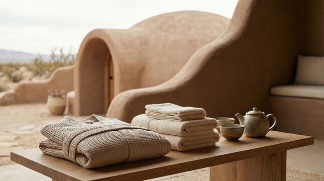 Temazcal retreat towels robes and tea set on wooden bench by clay