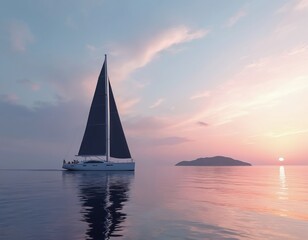 Fototapeta premium Modern yacht sails calm sea at sunset. Gentle waves reflect pastel sky. Distant island silhouette. Peaceful water journey. Relaxing evening cruise.