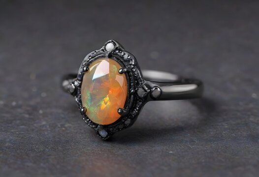 Black Gold Art Deco Fire Opal Halo Ring on Dark Slate - Stock Photo