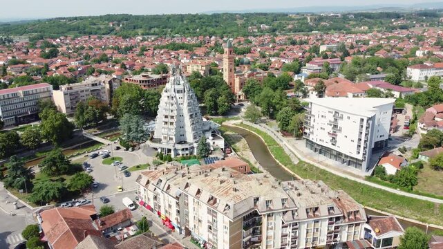 Drone moves forward to reveal an aerial panorama of Paracin, a town in central Serbia.