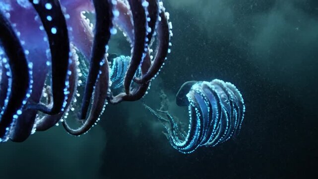 Underwater creatures with bioluminescent effects swimming in dark ocean