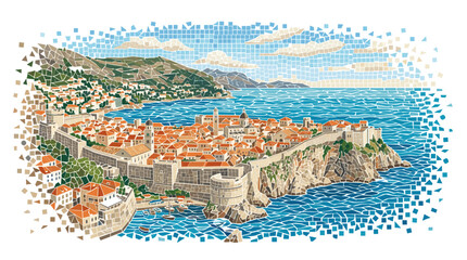 Obraz premium A vibrant, detailed illustration of the historic walled city of Dubrovnik, Croatia, perched on a rocky peninsula overlooking the azure Adriatic Sea.