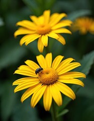 Obraz premium Yellow elecampane flower with bee on petals. Dark green background blurs surrounding flora. Summer bloom attracts insect for pollination, nature detail.