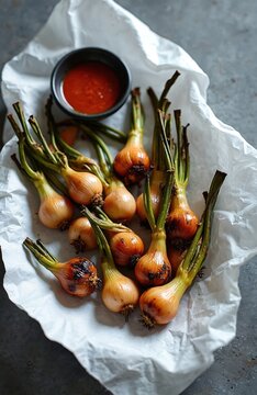 Grilled spring onions with green tops served on white paper. Small bowl of red dipping sauce sits nearby. Sweet vegetables traditional Catalan winter dish, perfect for festive meals casual dining.