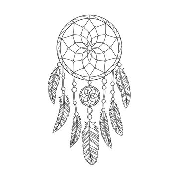 Traditional Dreamcatcher Outline Art - Native American Symbol Vector
