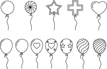 Line art illustration of various shaped balloons including star heart and spiral designs Vector © Mst