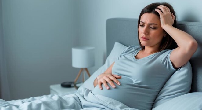 Pregnant woman lying in bed suffering from headache and abdominal pain at home