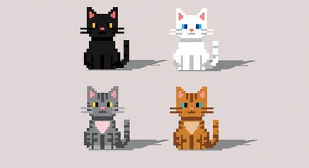 Fototapeta premium Pixel art cats in different colors sitting on beige background