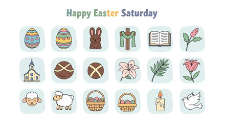 Fototapeta premium Happy Easter Saturday icon collection. Festive spring symbols like eggs, bunnies, church, cross, lilies, and lamb. Ideal for holiday designs