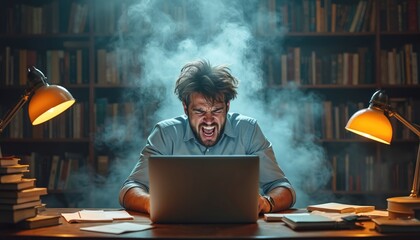 Obraz na płótnie Canvas Man screams in frustration working late on laptop in smoke filled study with bookshelves. Overwhelmed writer or student experiences burnout. Intense concentration or mental overload.