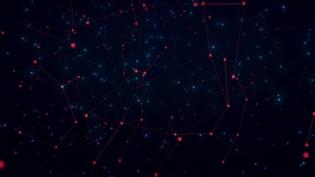 Red network connections move through space with blue particles and depth motion. abstract technology background, dynamic camera movement, digital network animation, futuristic data flow.