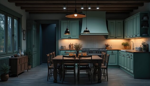 Rustic kitchen interior at night with teal cabinets and wooden furniture. Peaceful atmosphere with low warm lighting creating a cozy ambiance. Evening scene inside a home.