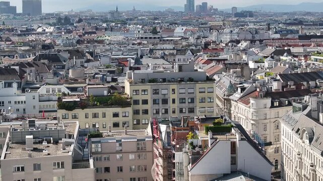 Aerial view of Vienna residential buildings with classic European architecture and urban layout.