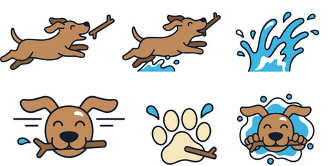 Fototapeta premium Flat design playful dog fetch icon set showing brown dog running and catching stick with splash and paw closeup vector 
