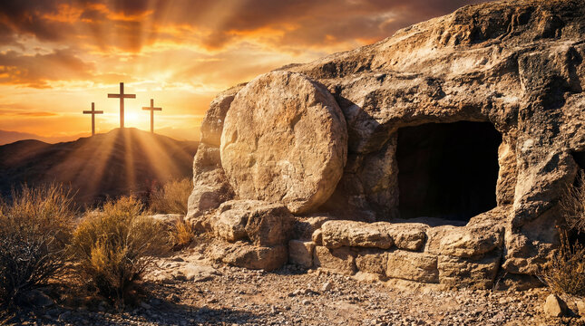 Easter resurrection empty tomb and three crosses at dawn