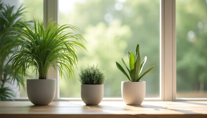 Fototapeta premium Three green potted plants on a wooden table near a window. Rich foliage and bright natural light create a serene indoor atmosphere. Houseplants bring nature into home decor.