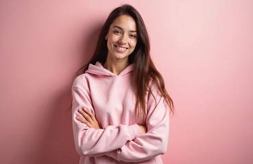 Fototapeta premium Young woman with long brown hair smiles confidently. She wears a pink hoodie with arms crossed against a pink background. Casual fashion portrait.