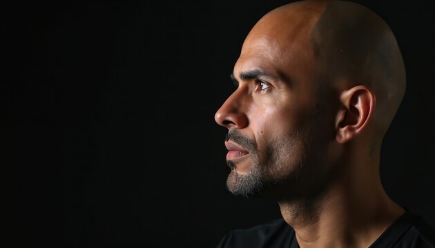 Bald man in profile against dark background looks away thoughtfully. Serious male face with short beard. Head and shoulders portrait, studio lighting creates contrast.