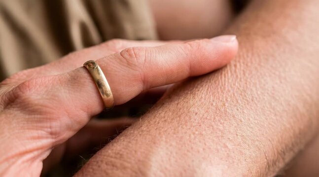 Close up of hand with wedding ring touching skin with goosebumps on male arm
