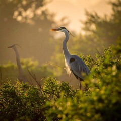 Fototapeta premium Two tall, slender-necked birds are seen amidst sun-dappled foliage. A hazy golden light adds a dreamy feel