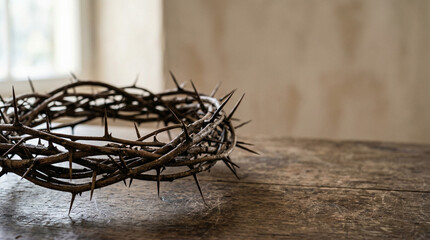 Fototapeta premium Crown of thorns resting on wooden surface with natural light 