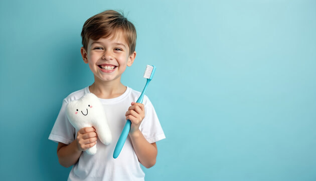 Kid smiles holding plush tooth and toothbrush. Young boy promotes good dental hygiene and healthy baby teeth care. Pediatric dentistry concept with copy space.