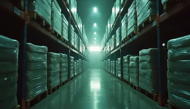 Rows of stacked boxes on shelves inside a dimly lit warehouse. Goods are shrink-wrapped, suggesting inventory or illegal contraband storage. Gloomy, mysterious atmosphere prevails.