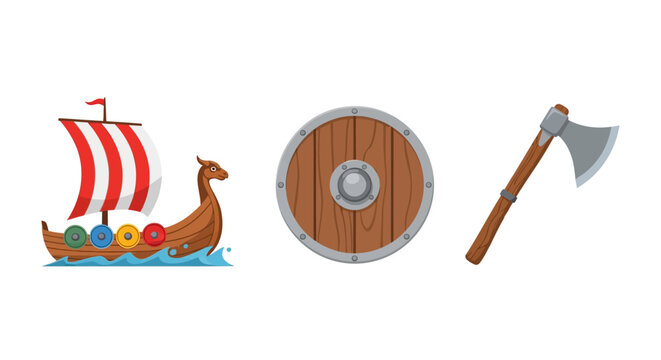 Viking set with longship wooden shield and battle axe