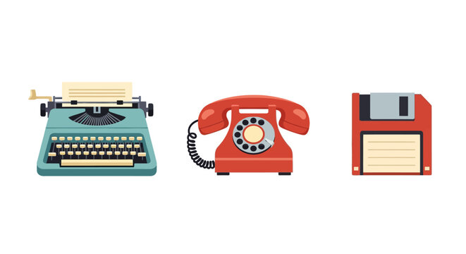 Vintage technology icons: typewriter rotary phone and floppy disk