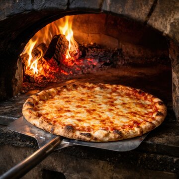 New York Style Pizza frisch aus dem Ofen auf Pizzaschieber
Amerikanische Pizza mit geschmolzenem K&auml;se direkt vor offenen Flammen im Ofen