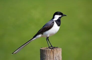 Obraz premium White wagtail bird perches on wooden post. Small black and white avian species sits in nature. Wildlife fauna watches calmly on green background. Birdwatching.