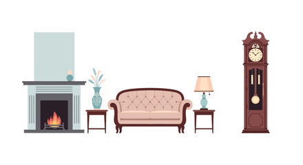 Obraz premium Elegant living room with fireplace sofa and grandfather clock in flat