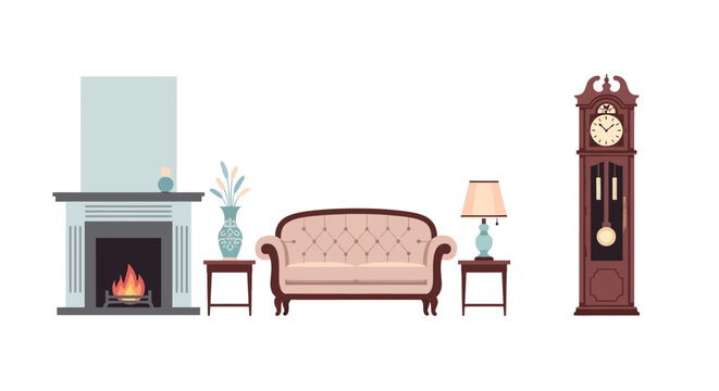 Elegant living room with fireplace sofa and grandfather clock in flat