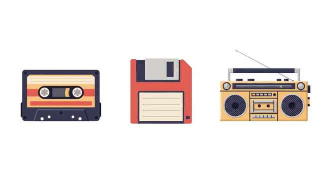 Retro technology: cassette tape floppy disk and boombox in flat design