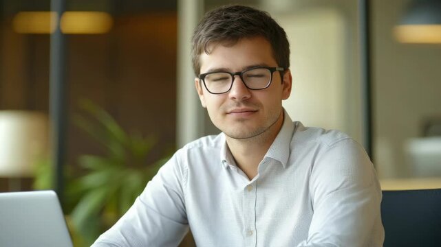 Man with glasses working on laptop, professional office setting.