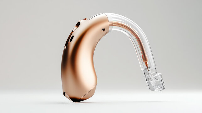 Modern bone conduction hearing device in sleek white and transparent design, showcasing compact assistive technology that improves hearing and accessibility on a warm pink peach background